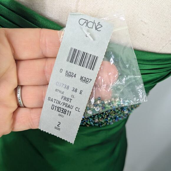 Cache Prom Dress Midi Gown 2 Green Silk Vintage Y2K Glam Bead Holiday Halter - Picture 8 of 14